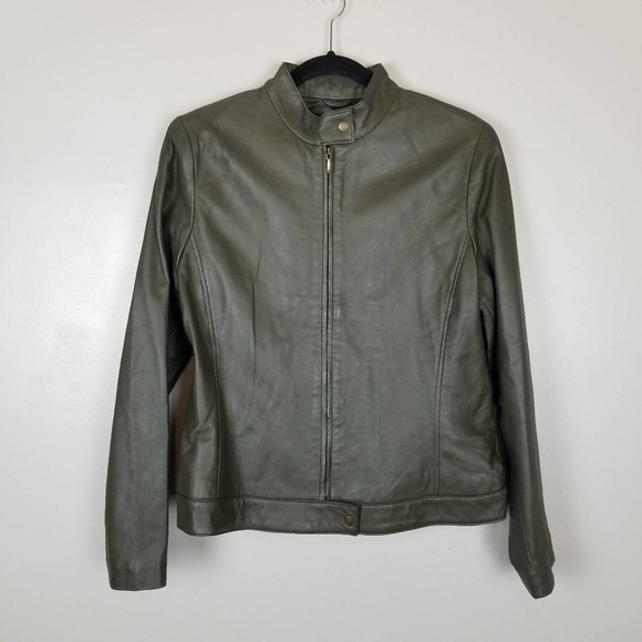 olive Leather suit set, Finity Studio, genuine leather pants and jacket size 8 - Picture 2 of 12